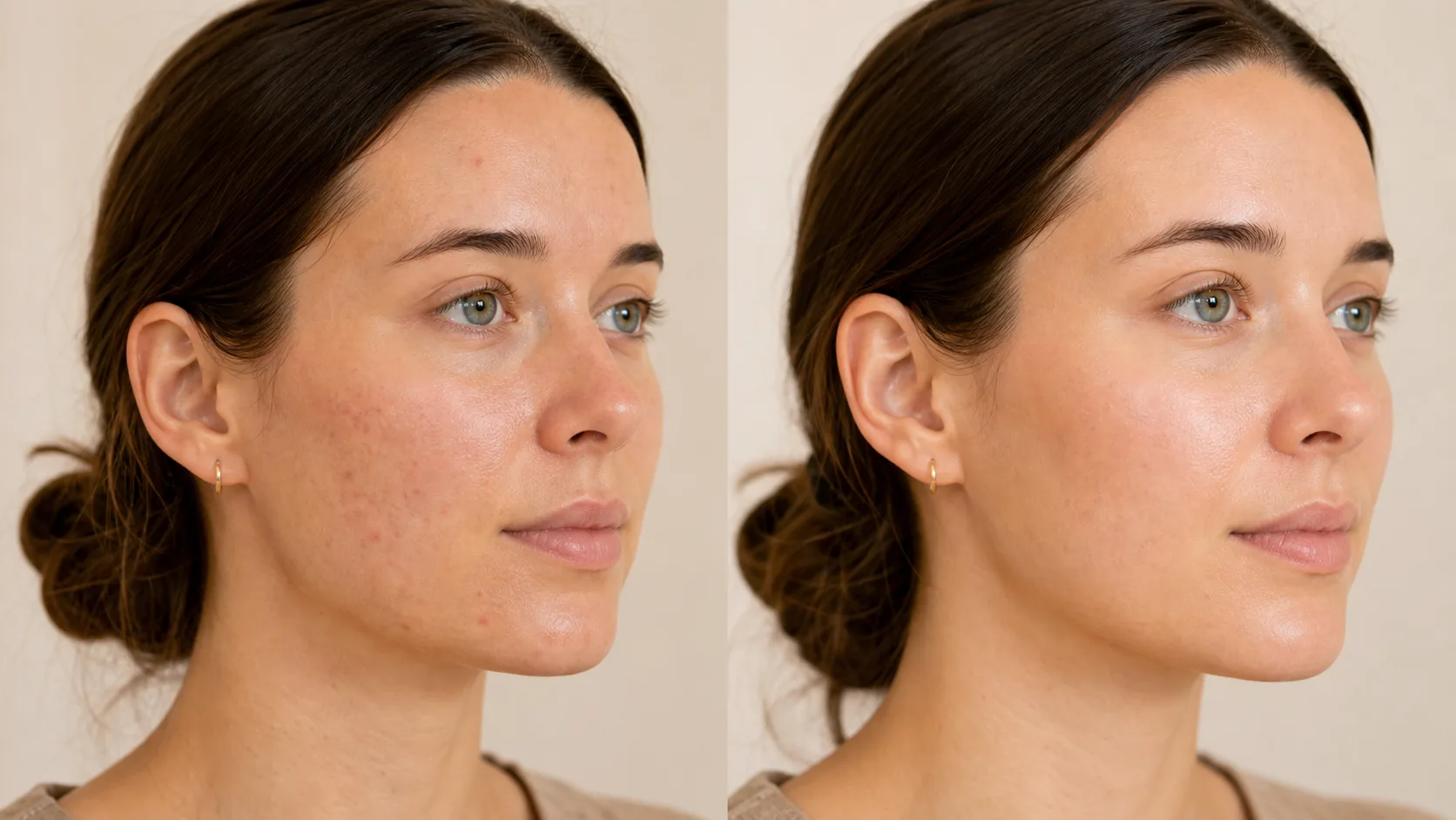 Before and after acne skin treatment result showing calmer clearer skin