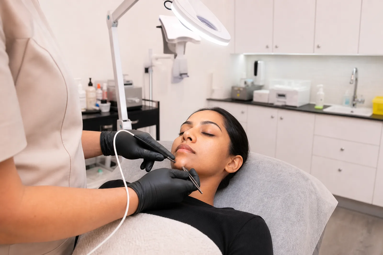 Precise facial electrolysis treatment in the Beautique Artistry treatment room