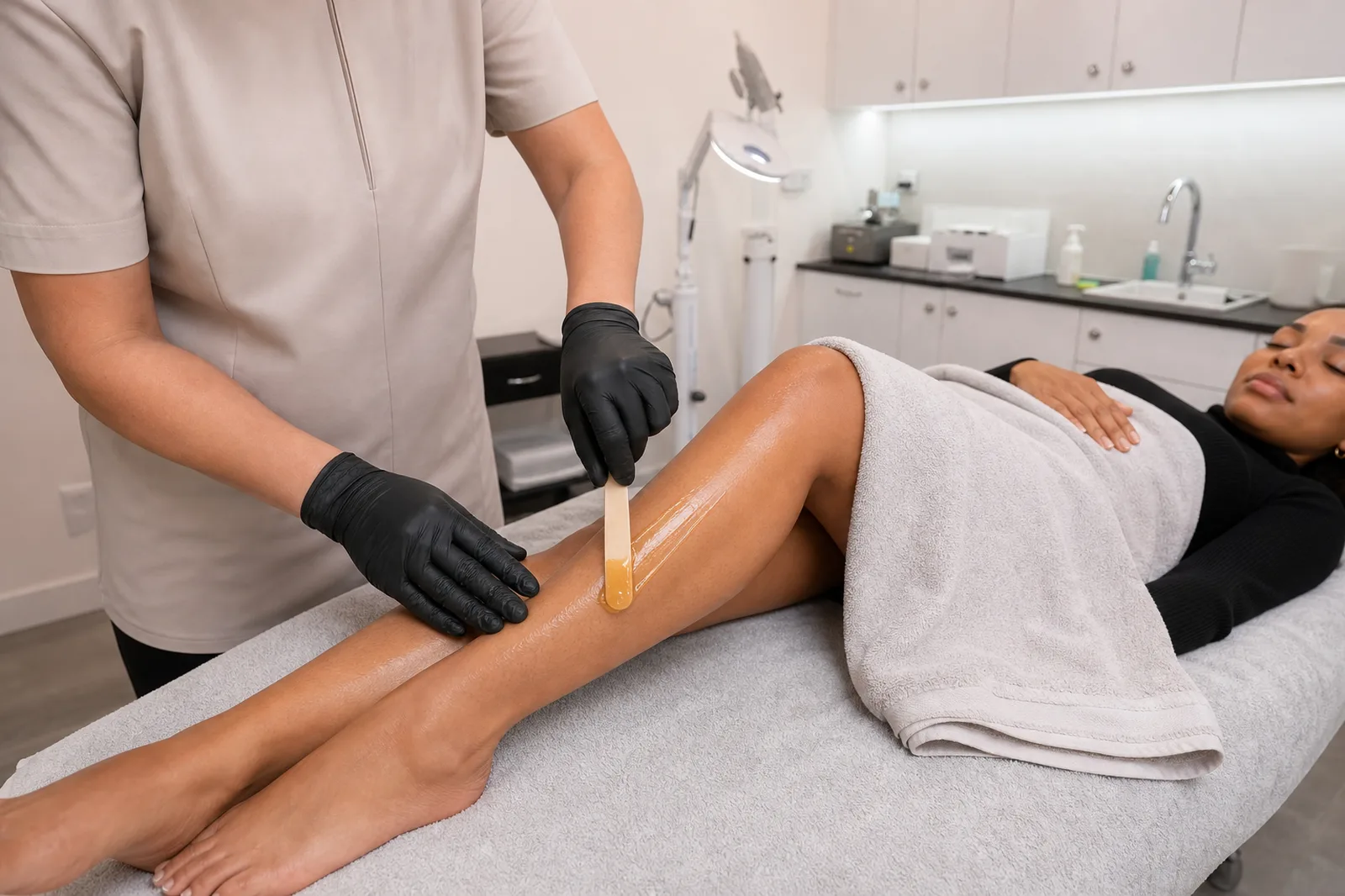 Professional leg waxing treatment in the Beautique Artistry treatment room