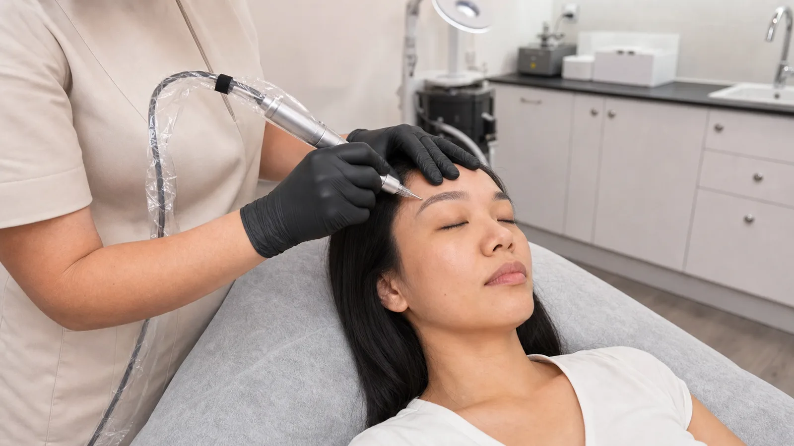 Saline cosmetic brow tattoo removal in the Beautique Artistry treatment room